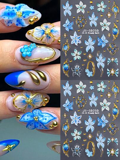 2pcs Blue Flower 5D Nail Art Stickers With Gold Border, Sapphire Gradient Petals, Spring/Summer Embossed Self-Adhesive Nail Stickers, Y2K Cute And Charming Nail Decorations, Nail Salon Accessories, Nail Supplies DIY