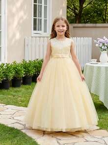 Flower Girls Vintage Lace Wedding Maxi Dress Floor Length Bridesmaid Party Long Pageant Princess Communion Boho Dance Gown - 香檳色 - 查看 1