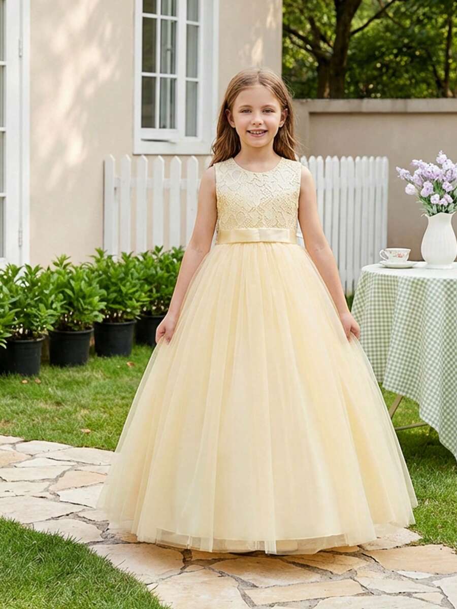 Flower Girls Vintage Lace Wedding Maxi Dress Floor Length Bridesmaid Party Long Pageant Princess Communion Boho Dance Gown - 香檳色 - 查看 1