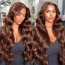 30 Inch HD Full Lace Front Wig, Women Long Wavy Hairstyle Mixed Human Hair Wig, 13x4 Lace Front HD Transparent Lace Wig, 200% Density Natural Brown Mixed Hair Wig, Pre-Trimmed Baby Hair - Brown - View 3