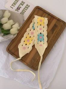 1pc Handmade Crochet Floral Lace Knitted Long Headband, Spring/Summer Ins Vibe Accessory, Floral Countryside Style Headscarf, Retro French Knitted Handmade Headband, Sweet & Cute Daisy Crochet Holiday Essential Hair Accessories Summer Beach Hair Bands,Travel - Multicolor - View 19