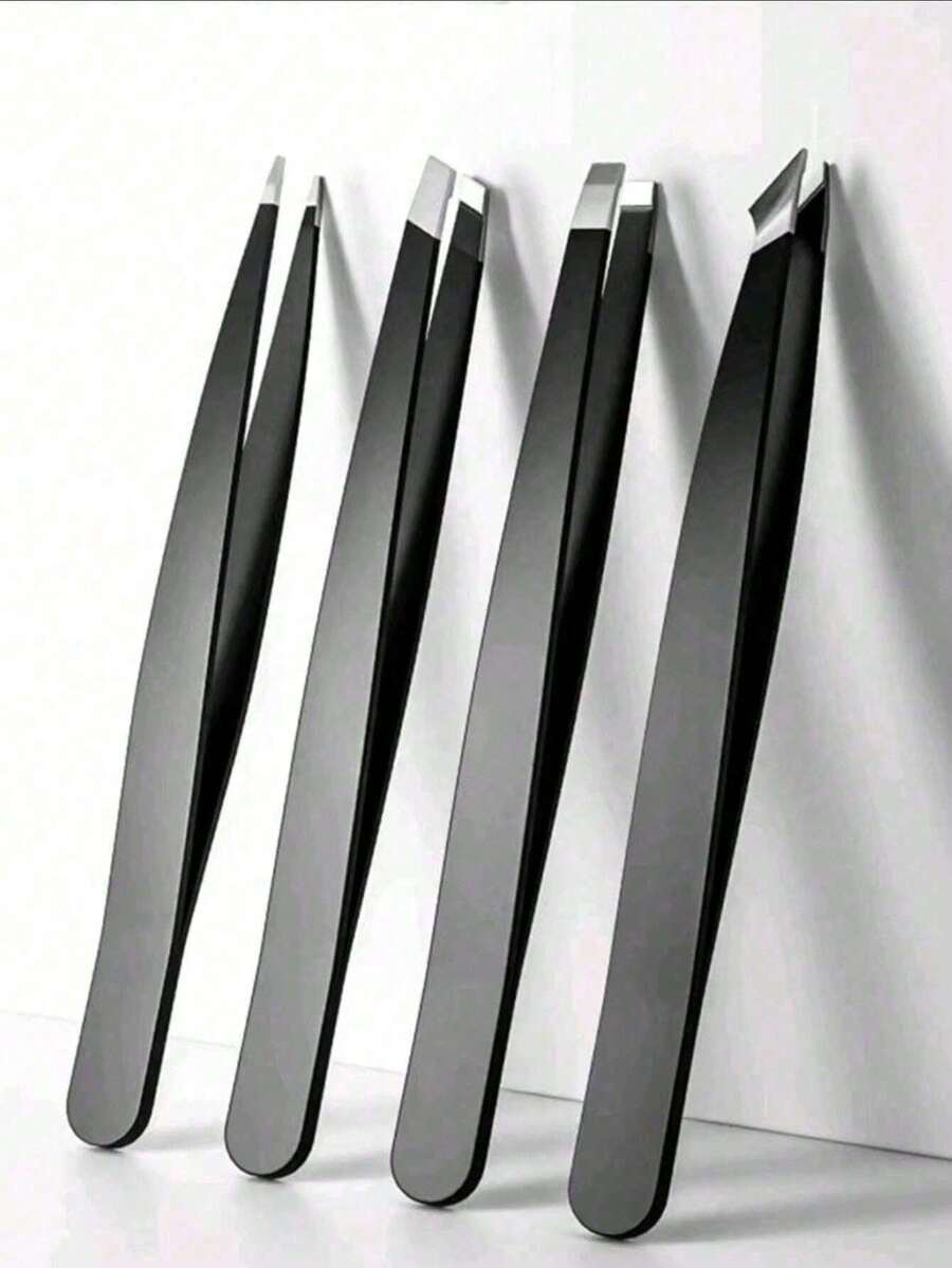 4pcs Precision Tweezers Set - Professional Stainless Steel Eyebrow Tweezers, High Precision For Facial Hair, Debris And Ingrown Hair Removal (Black) - Multicolor - View 1