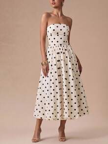 优雅复古波点无肩带泡泡裙摆中长连衣裙 - 适合婚礼宾客、派对、海滩、夏季度假、郊游和毕业典礼等场合 - 白色 - 查看 3
