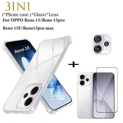 适用于 OPPO Reno 15 5G/Reno 15pro 5G/Reno 15F/Reno 15pro Max 的全新三合一透明防摔手机壳 + 9H 硬度钢化玻璃屏幕保护膜（适用于 OPPO Reno 15F），防刮花、防裂、无气泡，游戏专用 + 镜头贴膜，三件套超值套装，安装简便。