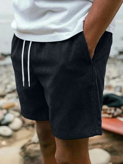 男士灯芯绒纯色宽松直筒短裤，夏季轻薄抽绳腰阔腿裤，休闲日常通勤、户外、海滩、旅行、街头服饰，百搭