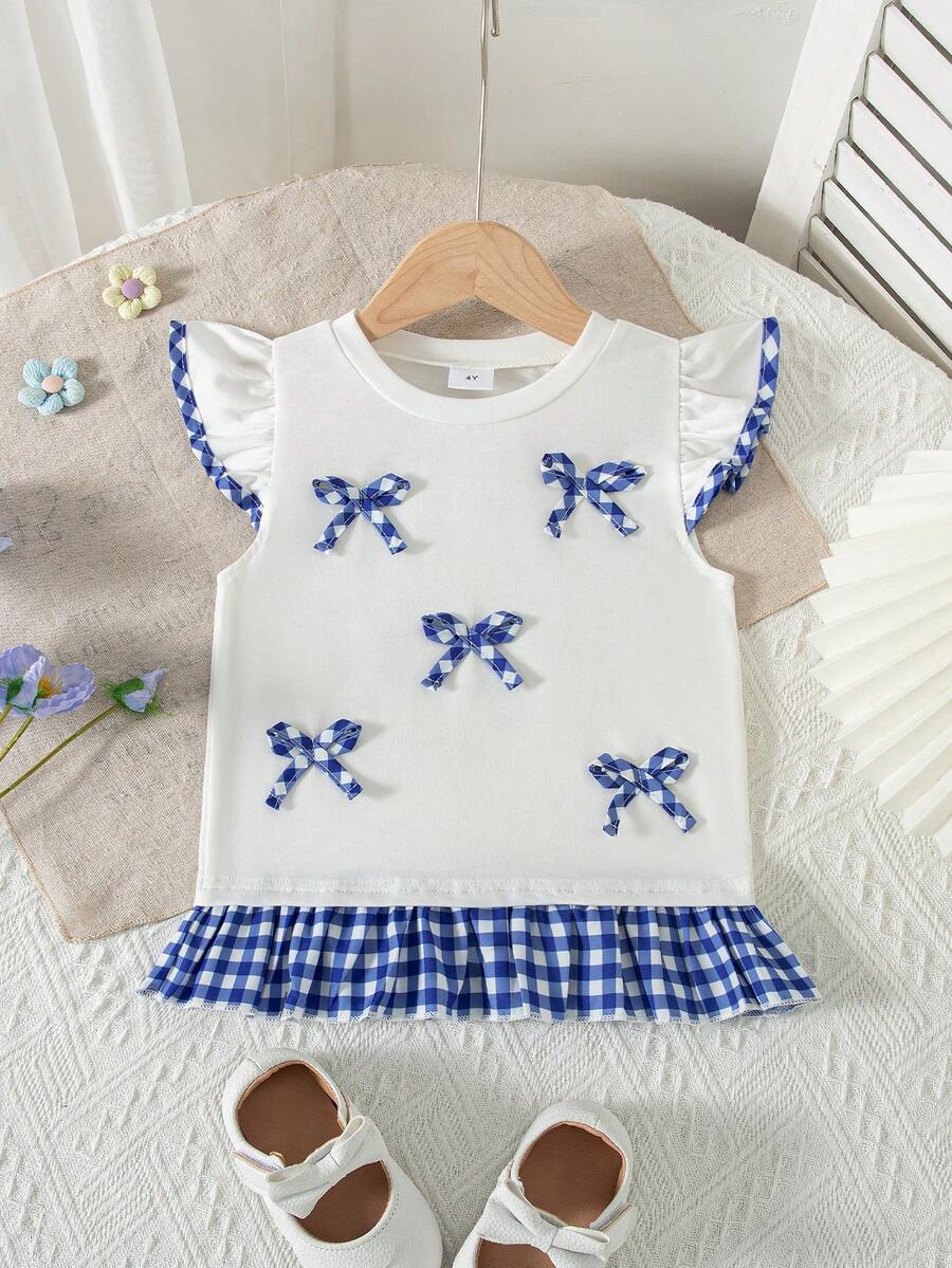 Blusa sin mangas casual para niñas con diseño de lazo, unicolor, adecuada para salidas de primavera/verano - Blanco - Ver 1
