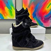 ISAb Parisian-Style Color-Block Retro Suede High-Top Sneakers With Hidden Wedge Heel.Invisible Heel / Internal Wedge.Vibrant Color-Blocking.High-Top - Black - View 4