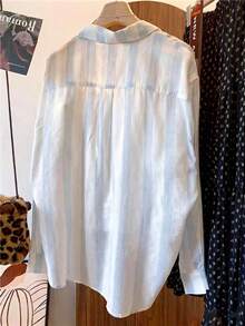 女士条纹椰树印花单排扣休闲百搭日常短袖衬衫 - 淺藍色 - 查看 4