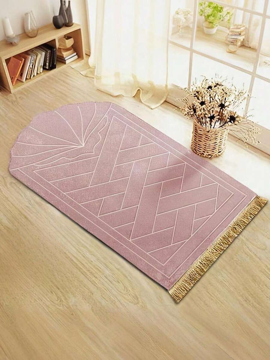 1pc Elegant Floral Pattern Prayer Mat - Soft Flannel Material, Machine Washable, Rectangular Comfortable Mat With Golden Accents, Mosque Design For Indoor Use, Velvet Material With Pink Striped Tassels - Pink - View 1