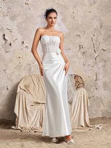 Sleeveless Off-Shoulder Beaded Wedding Dress With 3D Rose And Ruffle Details, Elegant Woven Maxi Dress Suitable For Parties And Romantic Events - White - View 5