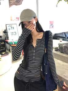 韩版条纹T恤打底衫，修身长袖上衣，休闲春季款 - 灰色 - 查看 6