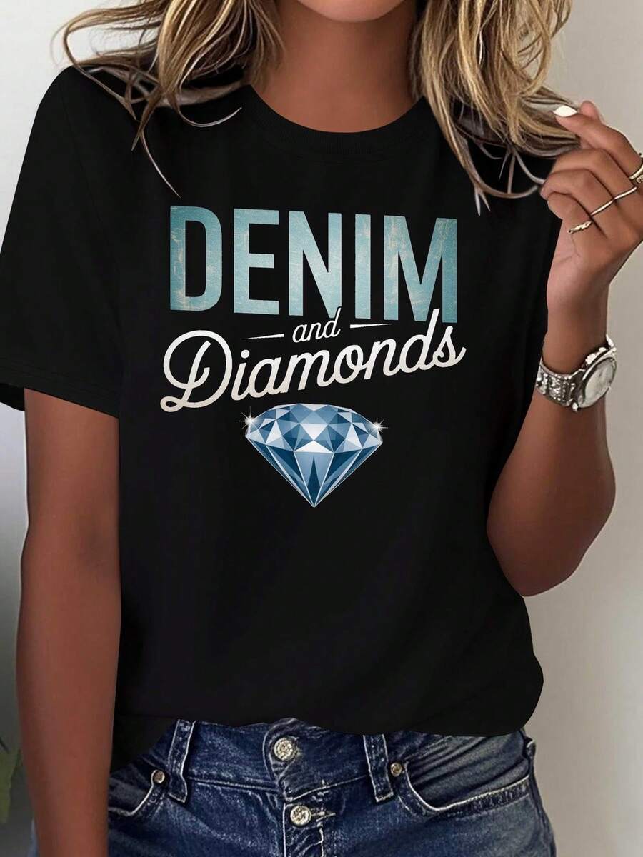Denim Diamonds Poster Womens Pure Comfortable T Shirt, Birthday Christmas Mother's Valentine's Day Gift, Black Casual Short-Sleeved Crew Neck T-Shirt - màu đen - Xem 1