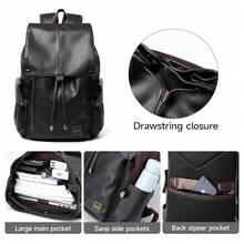 Mochila de cuero para hombres que cabe laptop de 15.6" Mochilas vintage impermeables con cordón para viajes y trabajo diario, color negro - Negro1 - Ver 4