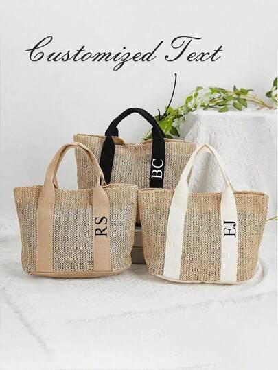 Customizable Personalized Woven One Shoulder/Crossbody Tote Bag, Large Capacity Women's Handbag, Suitable For Travel, Vacation, Outdoor, Beach Use, Great Summer Gift For Family, Friends, Mothers