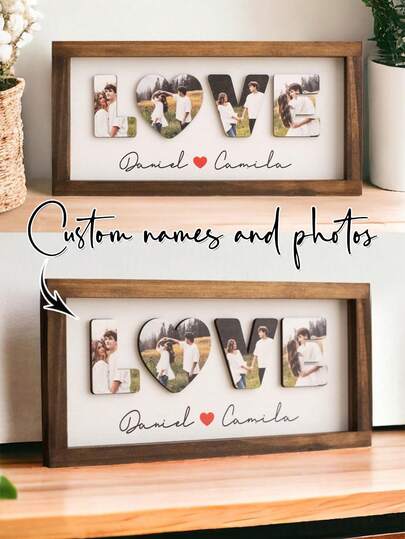 Placa de madeira personalizada com foto e nome "LOVE" (1 unidade) - Exibe foto e nome. Placa minimalista para casal - Placa de madeira em formato de coração / Placa de madeira para presente / Presente de Dia dos Namorados / Placa com nome e foto / Placa de madeira para presente. Decoração de interiores e presente comemorativo / Dia dos Namorados, presente de casamento