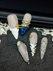 She Nails Cute Baroque Punk Rock Y2K Gothic Style Metallic Gloss Nail Art Set, Includes 10pcs Western & Chinese Style Metallic Glossy Nail Stickers, Blue Long Pointed Metallic Nail Stickers, And Leopard & Zebra 3D Embossed Diamond Full Cover Nail Stickers, Suitable For Party And Formal Wear Sexy Cool Girl, Comes With Nail Stickers And Nail File. - 彩色 - 查看 7