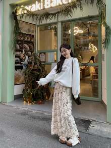 Korean Style Casual Sequin Knit A-Line Skirt With Elastic Waist, Versatile For Early Autumn - Apricot - View 2