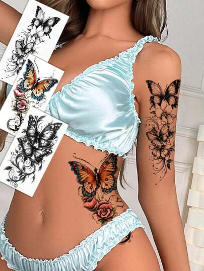 3pcs Butterfly Pattern Temporary Tattoos, Fashionable Black Butterfly Flower Tattoo Stickers For Women And Girls, Lasts 3-5 Days, Can Cover Scars, Suitable For Chest, Waist, Arms, Thighs Or Back, Great For Parties, Gifts, Vacation, Easy To Apply And Remove One-Time Body Art Tattoo Stickers