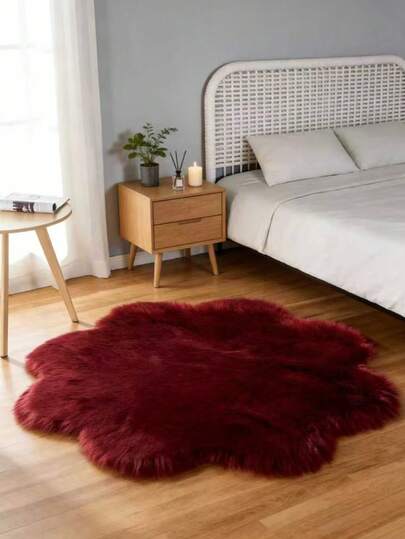 1pc Petal-Shaped Burgundy Faux Wool Decorative Carpet, Fluffy And Soft Texture, Suitable For Living Room, Bedroom, Study, Foyer, Dining Room, Laundry Room And Other Spaces, Skin-Friendly Material, Personalized And Fashionable Home Decor, Bedroom Carpet, Kitchen Carpet, Study Carpet, Living Room Carpet, Bathroom Carpet, All Season