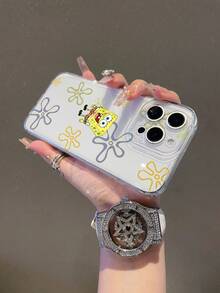 SPONGEBOB 1个透明太空主题手机壳，时尚简约全屏海绵宝宝花卉图案防震保护套，适用于三星/苹果17/16/15/14/13/12/11Pro Max/12Pro/14Plus等型号 - 彩色 - 查看 3