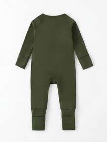 Junblebaby Baby Boy Bamboo Fiber Zipper Romper ,Tight-Fitting Style-Bamboo Fiber Solid Color Long-Sleeved Zipper, Baby Boy Clothes, Bamboo Baby Jumpsuit, With Bidirectional Zipper & Foldable Footie (0-3Y) - 墨綠色 - 查看 3