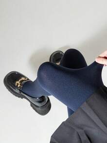 1条女士藏蓝色磨毛紧身裤，春秋季弹力贴合，轻薄保暖，带内衬，全长打底裤 - 藏蓝色 - 查看 5