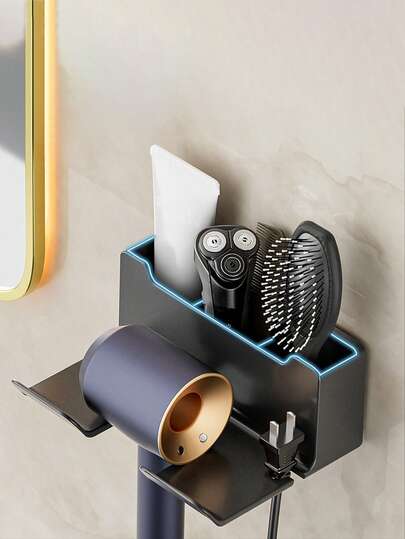 1个塑料壁挂式吹风机支架 - 浴室美发工具收纳架，免钻孔带插头挂钩