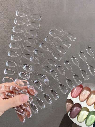 72片/套 透明椭圆杏仁形凝胶美甲贴片 全覆盖人造假指甲 适用于凝胶美甲延长 亚克力美甲设计 按压式美甲练习贴片