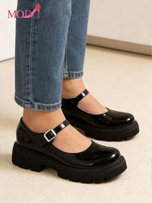 Bailarinas cuadradas para mujer, zapatos planos de piel sintética tipo Mary Jane, transpirables y casuales, elegantes y de moda, bailarinas de ante, zapatos versátiles de moda casual para mujer, para ir al trabajo y de vacaciones,zapatos para mujer,zapatos comodos de mujer, Zapatos De Estilo Mary Jane Para Mujer De Talla Grande, De Estilo Minimalista Y Preppy, De Piel Sintética (PU), Tacón Grueso, Suela Plana Gruesa Y Versátil De Color Negro Brillante,zapatos para mujer,Cómodos oxfords con elevación, zapatos para fiesta estilo británico.Regalos para mujer/mamá/niña - Negro - Ver 10