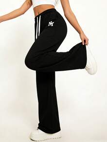 Women's Black Loose Pants With Contrast Color NY Letter Print, Drawstring Waist, Flattering And Slimming, Suitable For Daily, Commute, And Weekend Wear Spring Sports - Black - View 3