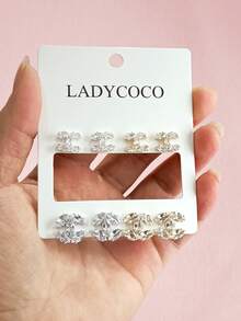 Bộ 4 đôi bông tai mặt dây chuyền cao cấp, thanh lịch, tối giản, đính đá Cubic Zirconia, thích hợp cho nữ giới đeo hàng ngày. - Nhiều màu - Xem 6