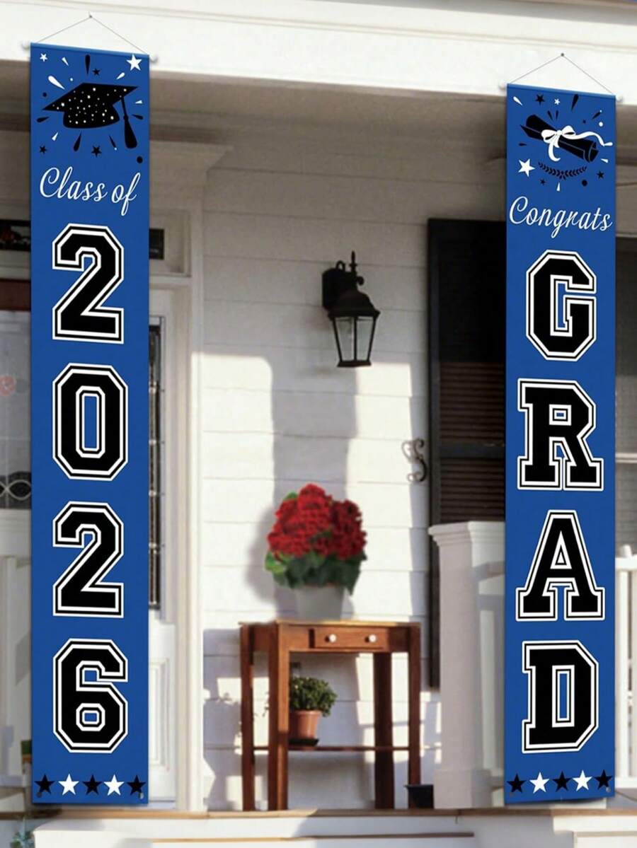2pcs 2026 Graduation Party Porch Banner, Blue 2026 Graduation Decor, Congratulations Graduate Porch Banner Suitable For Any School Or Grade 2026 Graduation Party Decoration - Multicolor - View 1