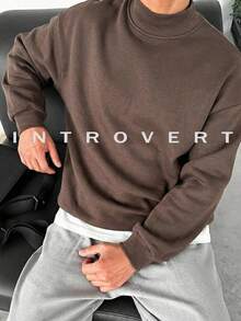 Men's High Neck Warm Hoodie, Solid Color Minimalist Style, Suitable To Pair With Jeans For Daily Commute - Brown - View 1
