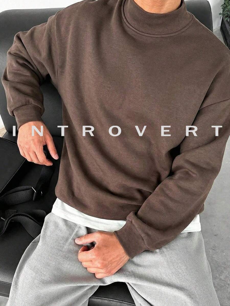 Men's High Neck Warm Hoodie, Solid Color Minimalist Style, Suitable To Pair With Jeans For Daily Commute - Brown - View 1