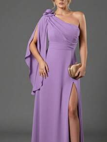 Bridesmaid Dress For Parties, Guests, Receptions, Graduations, Without Glitter, Cape Sleeves In Flowing Fabric With A Flower Brooch. - 紫丁香 - 查看 2
