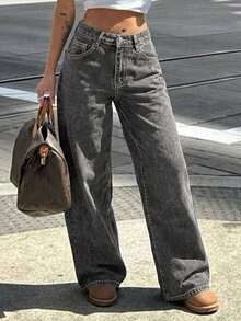 Women's Casual Grey Denim Straight Leg Jeans With Zipper Closure Long Non-Stretch Fabric For Everyday Wear - Grey - View 4