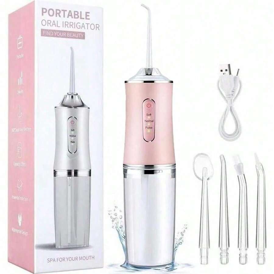 Irrigador Bucal Portátil Traje Limpiador Dientes Eléctrico Con 3 Modes 4 Nozzle IPX7 impermeable Portable Design Extraíble y Lavable inalambrica USB recargable Capacidad - ROSA - Ver 1