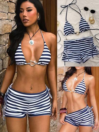 Women's Bikini Swimsuit, Elegant Sexy Striped Print Triangle Halter Bikini Bottom, Boyshort Trunks, Suitable For Vacation, Beach, Pool And Sports Wear, Suitable For Autumn, Winter, Spring And Summer