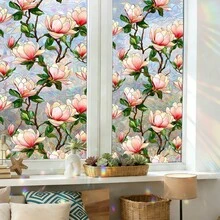 1/5 piezas Película de ventana de vidrio de colores estilo europeo, material de PVC resistente al agua con efecto estático, diseño de flor de magnolia y copo de nieve azul, protección de privacidad para decoración de ventanas del hogar - Multicolor - Ver 6