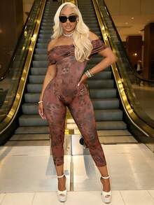 Jumpsuits For Woman  One Piece Jumpsuit Winter Clothes For Women  Women Ropa De Invierno Club Outfits For Women Leopard Print Mesh One-Shoulder Off-The-Shoulder Seven-Inch One-Piece Jumpsuit - 棕色 - 查看 1