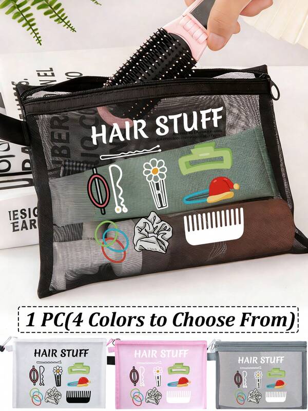 "Hair Stuff" Mesh Cosmetic Bag With Hair Accessory Pattern, Multifunctional Cosmetic Pouch, For Clips, Headbands, Red Air Cushion Storage Portable Storage Bag, Makeup Bag, Skincare Bag, Travel Essentials, Dormitory Supplies, Wedding Bride Gifts, Mother Gifts, Birthday Gifts