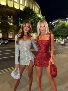Women's Sequin Square Neck Backless Sleeveless Side Slit Party Club Bodycon Mini Dress - Red - View 5