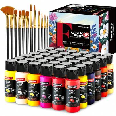 Fantastory Acrylic Paint Set 36 Colors(2oz /60ml) With 12 Brushes, Professional Craft Thick Paints Kits For Adults And Kids, Canvas Wood Fabric Ceramic Rock Painting Supplies,Back To School,School Supplies