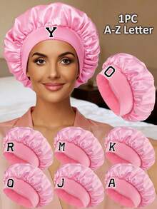 1pc Personalized 26 Alphabet Print Satin Wide Brim Elastic Sleep Cap, Suitable For Curly And Straight Hair Sleep Bonnet - Pink - View 1