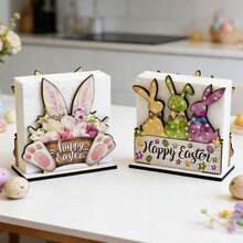 1/4 piezas Soporte vintage de madera para servilletas con diseño de conejo y letrero de "Felices Pascuas", adecuado para decoración de cocina de estilo granja en primavera, estantería para toallas de papel, centro de mesa estacional - Multicolor - Ver 6