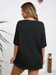 "Excuse Me You Look Like You Love Me" Western Cowboy Hat Guitar Print T-Shirt Pajama Top For Women, Soft Cotton Blend Short Sleeve Crew Neck Sleep Shirt, Comfortable Relaxed Fit Loungewear, Country Music & Western Inspired Casual Nightwear, Breathable Cozy PJs Top For All Seasons, Perfect Gift For Country Music & Western Style Lovers - 黑色 - 查看 6