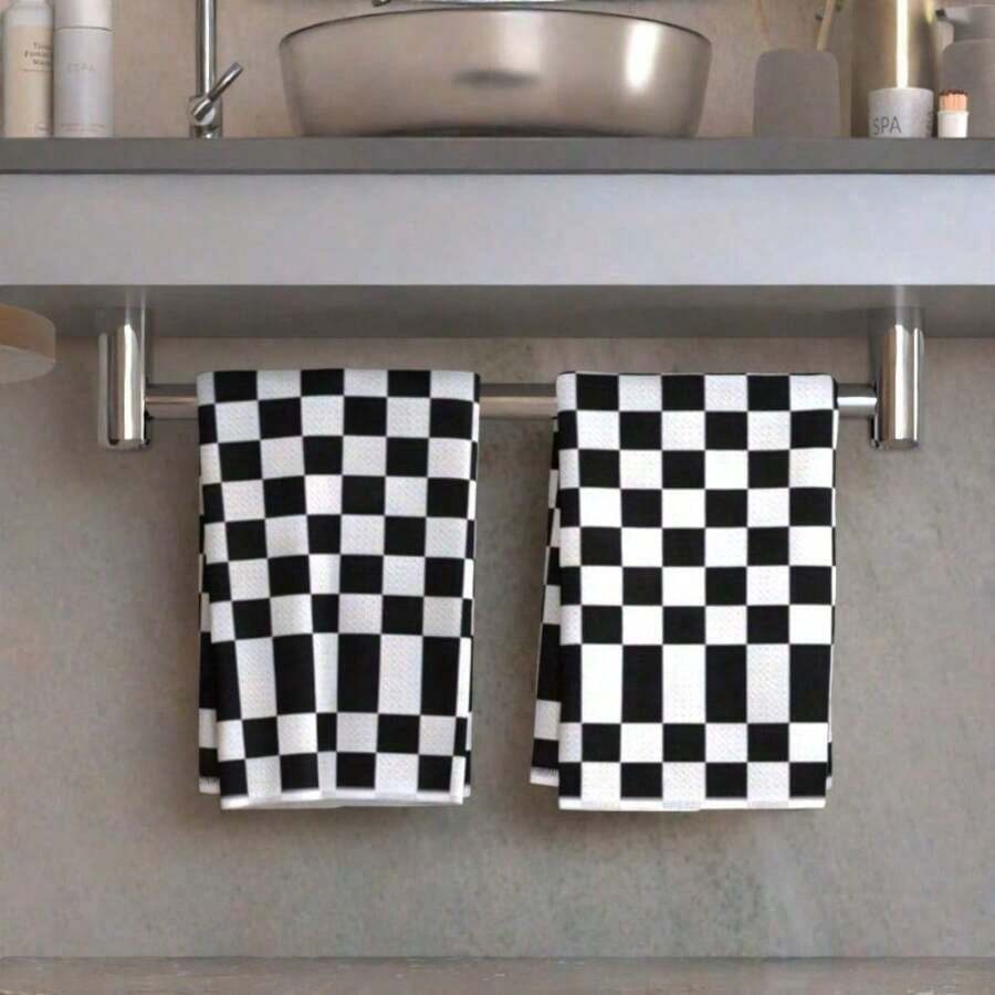 2/4/6/8pcs Ultra Fine Fiber Kitchen Towel Ultra-Soft Checkerboard Kitchen Towels - Black & White, Perfect For Drying Hands & Cleaning, Machine Washable Polyester, Es Valentine's Day, Easter , Mother's Day , Children's Day , Father's Day Gifts, Halloween Gifts, Thanksgiving , Christmas Gifts - 混色 - 查看 1