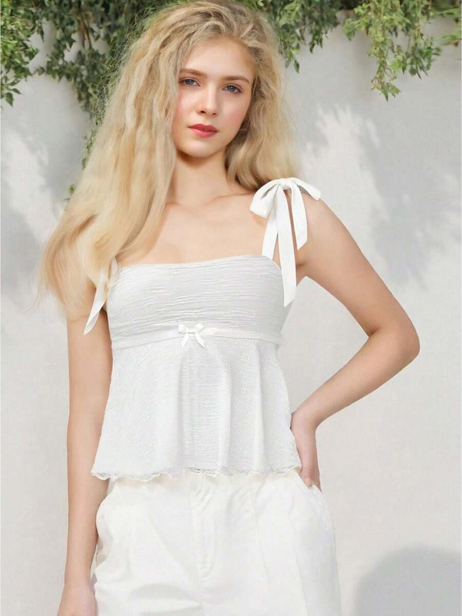 Women's Tie Shoulder Camisole Sleeveless Jacquard Mini Bow Slim Fit Summer Tank Tops - Blanco - Ver 1