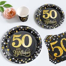 50岁生日金银波点一次性餐盘、餐巾纸、杯子套装，可供10位客人使用，适合生日、婚礼、派对、家庭野餐等场合。 - 彩色 - 查看 4