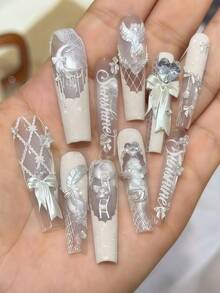 1个可爱美甲模具，梦幻独角兽、羽毛、城堡、蝴蝶结、爱心、花卉图案装饰，透明硅胶DIY模具 - 無色 - 查看 4